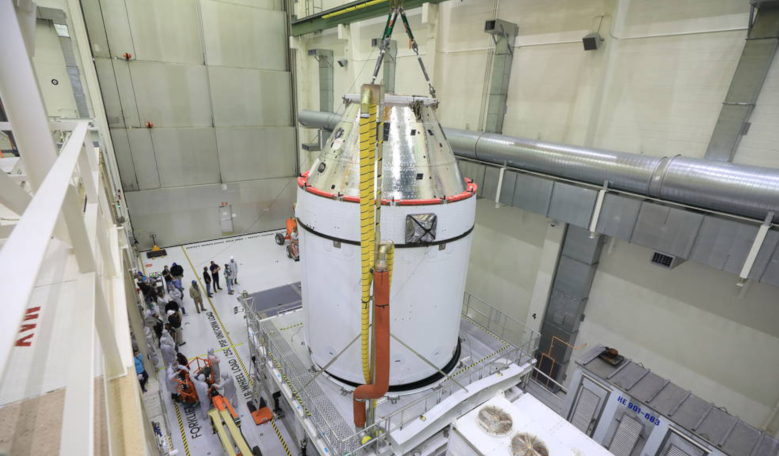 Orion getting ready to be transported to NASA’s Exploration Ground Systems (EGS) where teams will perform final preparations on the spacecraft for its mission to the Moon later this year. Image: NASA/Ben Smegelsky