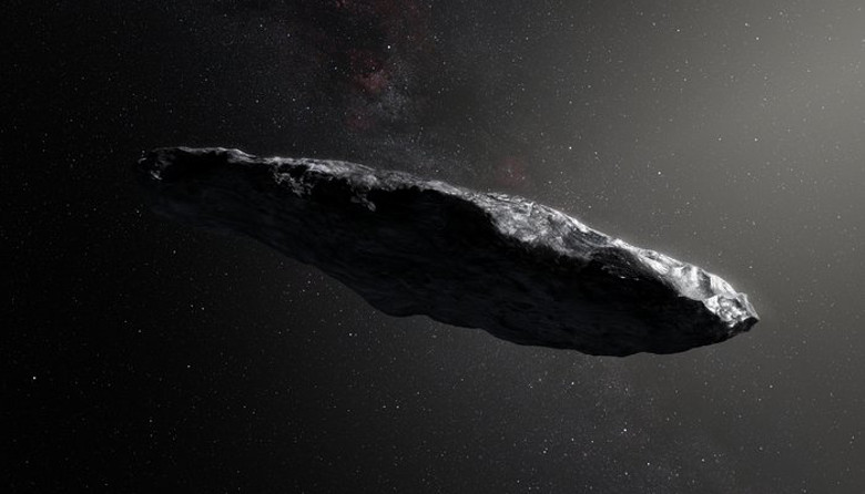 This artist’s impression shows the first interstellar asteroid, `Oumuamua. It appears to be a dark red highly-elongated metallic or rocky object, about 400 metres long, and is unlike anything normally found in the Solar System. Image: ESO/M. Kornmesser