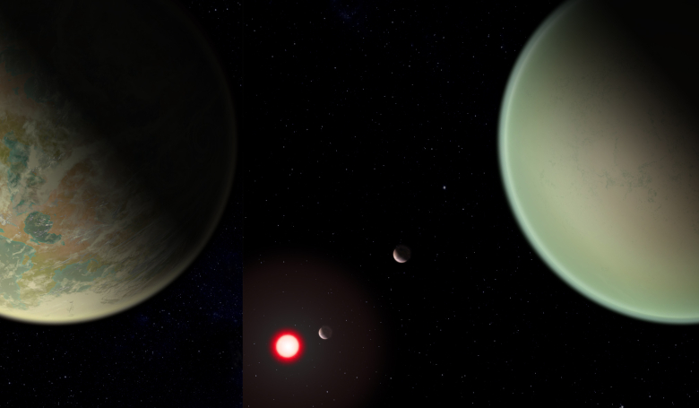 Conceptual image of water-bearing (left) and dry (right) exoplanets with oxygen-rich atmospheres. The red sphere is the M-dwarf star around which the exoplanets orbit. Image: NASA/GSFC/Friedlander-Griswold