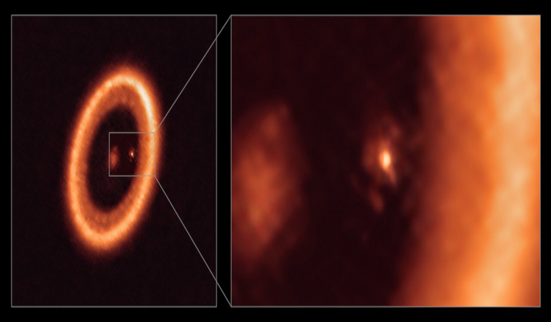 Image taken with the Atacama Large Millimeter/submillimeter Array (ALMA), showing wide (left) and close-up (right) views of the moon-forming disk surrounding PDS 70c, a giant planet nearly 400 light-years away. Image: ALMA (ESO/NAOJ/NRAO)/Benisty