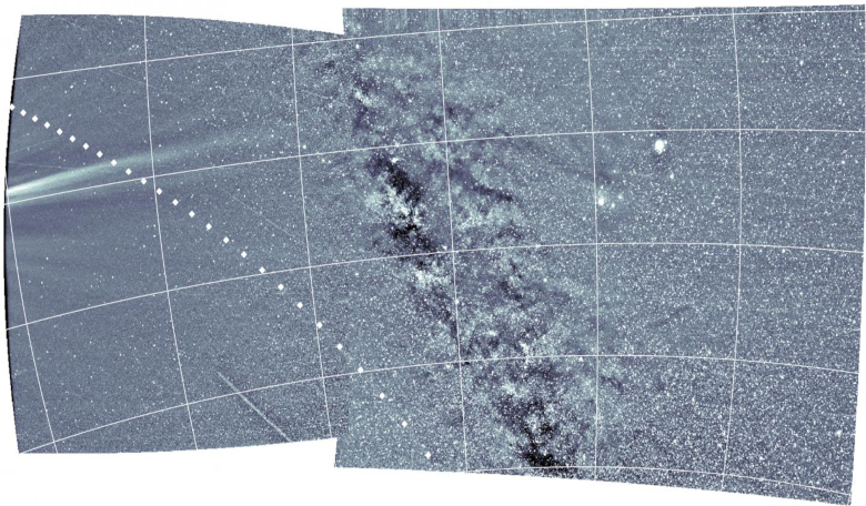 This image recorded by Parker's WISPR cameras on 6 April, 2019 captured the solar outflow and coronal structures on the left, and the Milky Way and three planets observed across the combined field of view. Image: U.S. Navy 