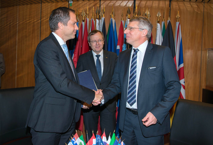 ESA Director of Space Transportation, Daniel Neuenschwander, and Alain Charmeau, CEO at ArianeGroup, at ESA headquarters last week in Paris signing the Prometheus contract. Image: ESA-Philippe Sebirot