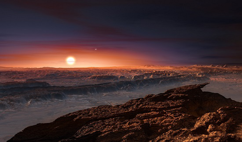 An artist’s impression showing a view of the surface of the planet Proxima b orbiting the red dwarf star Proxima Centauri, the closest star to the Solar System. Image: ESO/M. Kornmesser