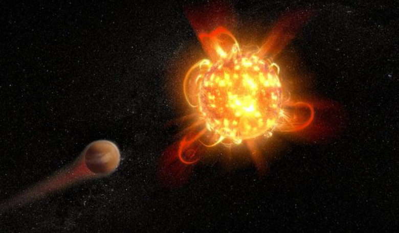 Artist's rendering of an active, young red dwarf stripping the atmosphere from an unlucky orbiting planet. Image: NASA, ESA, and D. Player (STScI)