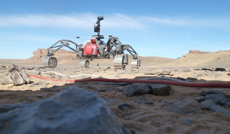 Is this Mars? No, it is the Ibn Battuta test centre in Morocco where Sherpa, a four-wheeled rover, is learning to navigate the rough Mars-like terrain on its own. Image: UK Space Agency