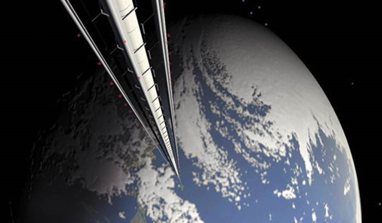 An artist’s conception shows a space elevator rising up from Earth’s surface. Image: Pat Rawlings / NASA file