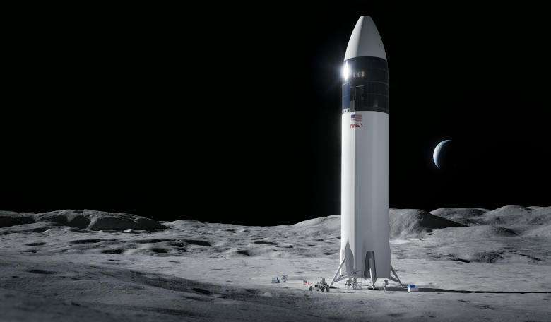 Illustration of SpaceX Starship human lander design that will carry NASA astronauts to the Moon's surface during the Artemis mission. Image: SpaceX