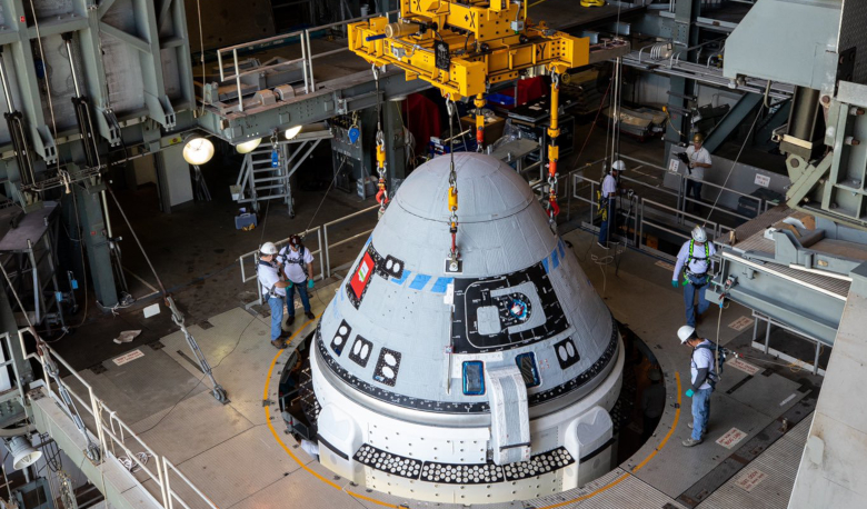 After leaving Kennedy Space Centre, Boeing's Starliner crew capsule gets hoisted atop its Atlas V launcher. Image: NASA