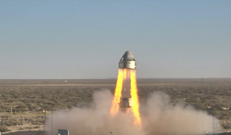 Boeing’s CST-100 Starliner’s four launch abort engines and several orbital manoeuvring and attitude control thrusters ignite in the company’s Pad Abort Test. Image: NASA