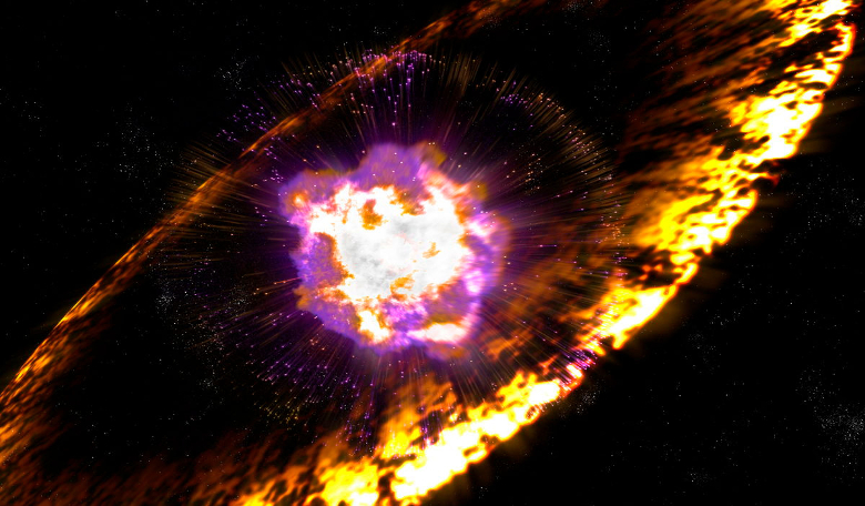 An artist's illustration of a supernova explosion, which sends off shock waves that accelerate protons to the point that they become cosmic rays: Image: Greg Stewart/SLAC National Accelerator Laboratory