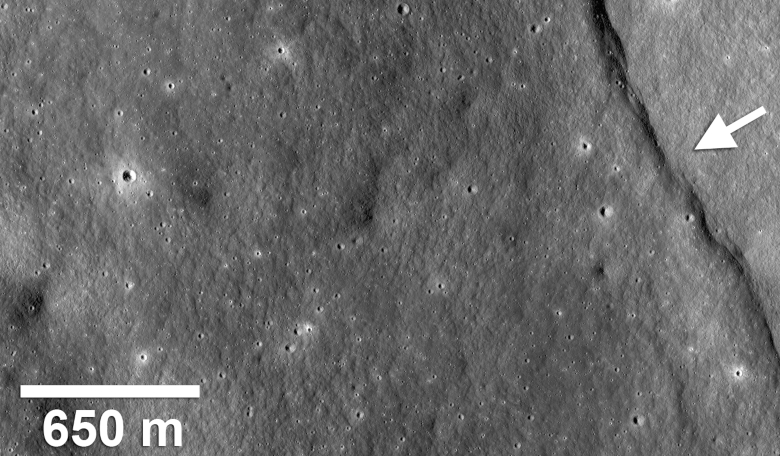 A distinctive landform known as a lobate scarp caused by a thrust fault. Image captured by NASA's Lunar Reconnaissance Orbiter (LRO).