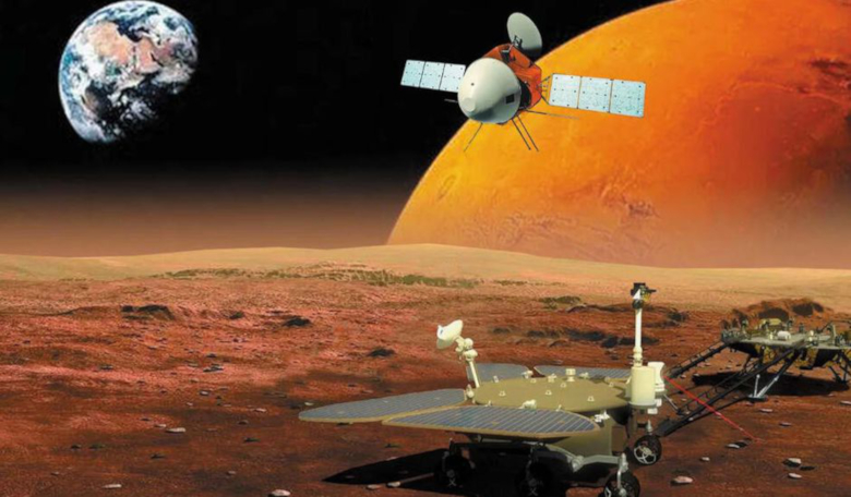 An artist's rendering of Tianwen-1 and its lander and rover at Mars: Image: Nature Astronomy