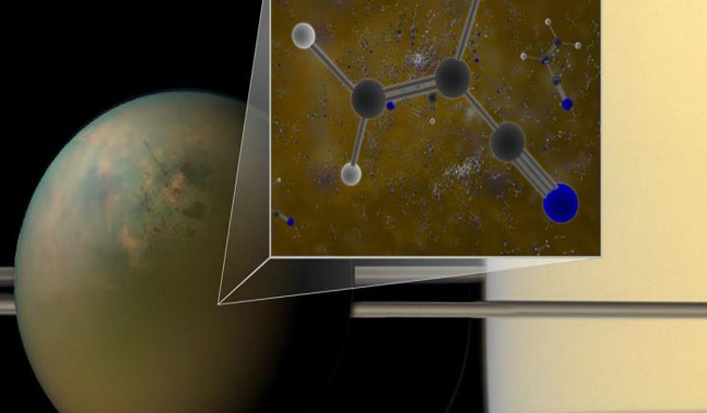 Archival ALMA data have confirmed that molecules of vinyl cyanide reside in the atmosphere of Titan. In a liquid methane environment, vinyl cyanide may form membranes. Image: B. Saxton (NRAO/AUI/NSF); NASA