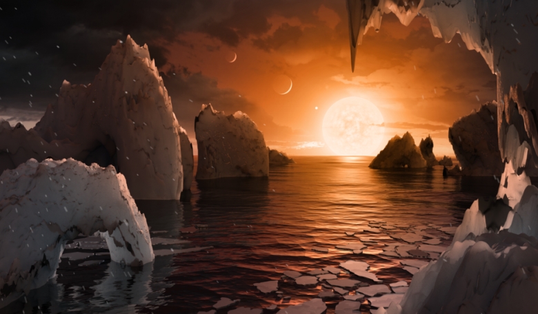 This artist's concept allows us to imagine what it would be like to stand on the surface of the exoplanet TRAPPIST-1f, located in the TRAPPIST-1 system in the constellation Aquarius. Credits: NASA/JPL-Caltech