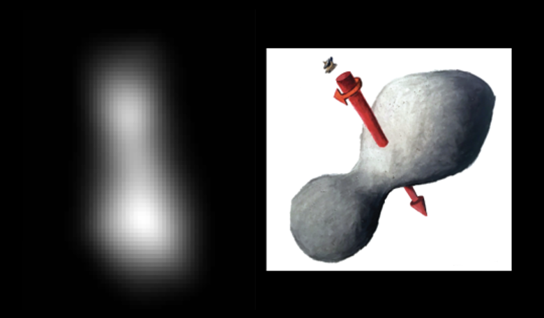 The Kuiper Belt object Ultima Thule (left) taken by the New Horizons spacecraft on 31 Dec, 2018 just before its flyby closest approach on 1 Jan, 2019. Image: NASA/JHUAPL/SwRI; sketch courtesy of James Tuttle Keane