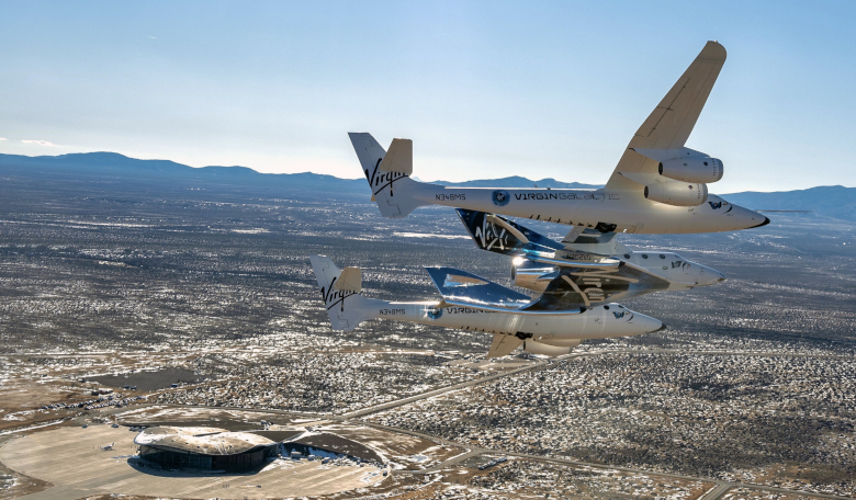  Virgin Galactic's VSS Unity flying over Spaceport America. Image taken on 13 February, 2020. Image: Virgin Galactic via AP, File