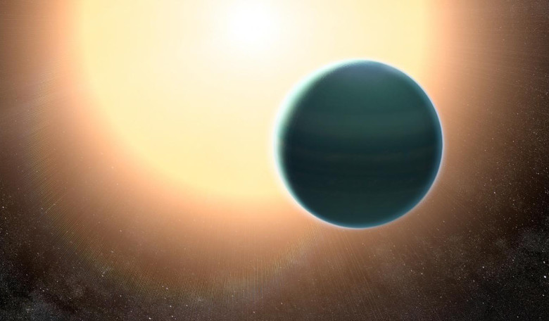 The atmosphere of the distant 'warm Neptune' HAT-P-26b, illustrated here, is unexpectedly primitive, composed primarily of hydrogen and helium. Image: NASA/GSFC