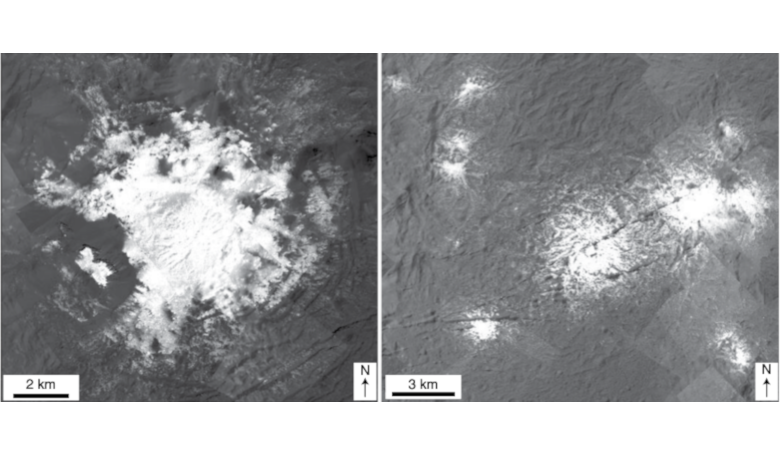 Figures b and c show white areas on Cerealia Facula and Vinalia Faculae, respectively, that are connected with 