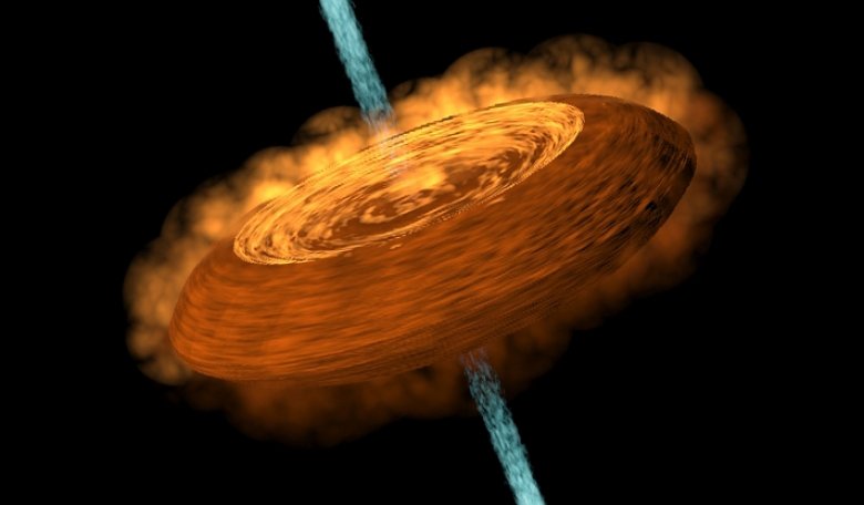 An illustration of an accretion disk feeding a central young star, or protostar, and the gaseous jet ejected from the protostar. Credit: Yin-Chih Tsai/ASIAA 