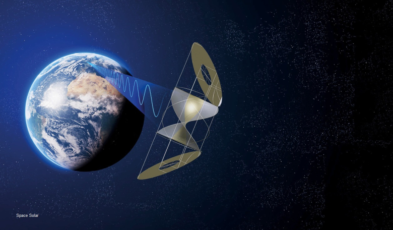 Artist's impression of space-based solar power providing energy to Earth via Space Solar's CASSIOPeiA satellite.