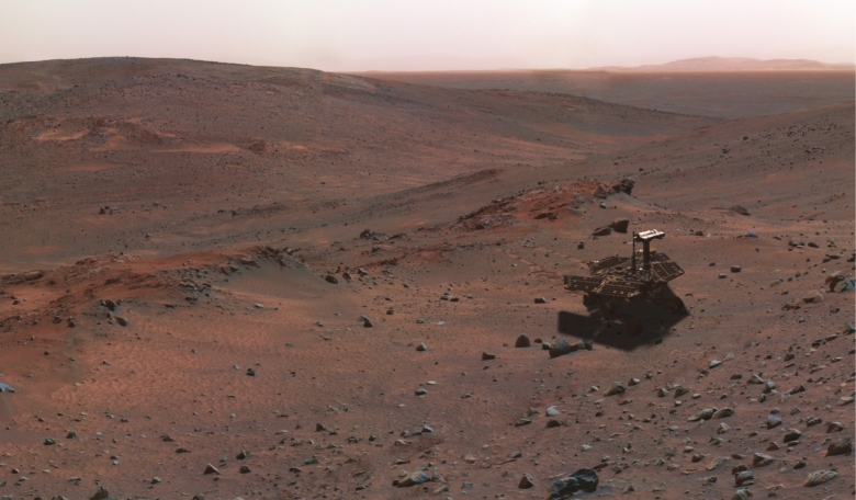 A synthetic image of the Spirit rover on the flank of Husband Hill’ produced using ‘Virtual Presence in Space’ technology which combines visualisation and image-processing tools with Hollywood-style special effects.