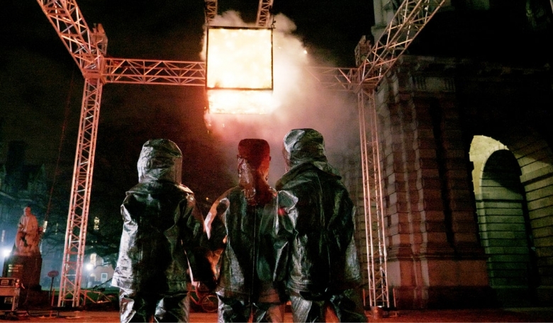 Looking up at a ‘halo’ - a suspended box of explosions during the Réalta performance for Dublin Science Gallery 10th anniversary celebrations, developed at ESA.