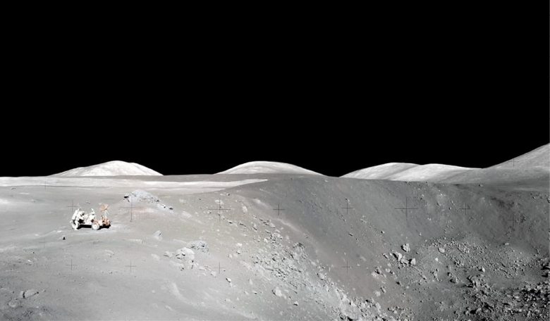 Apollo 17 astronaut Harrison Schmidt storing core samples on the Lunar Rover adjacent to Shorty crater.