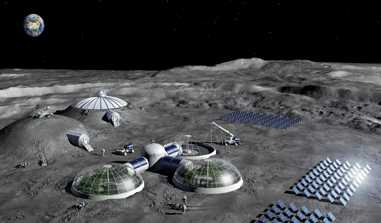 Artist impression of a Moon base concept using solar arrays for energy generation, greenhouses for food production and habitats shielded with regolith.