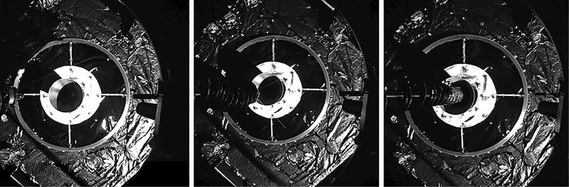 Time-lapse sequence of the MEV-1 probe driving into the Intelsat 901 Liquid Apogee Engine