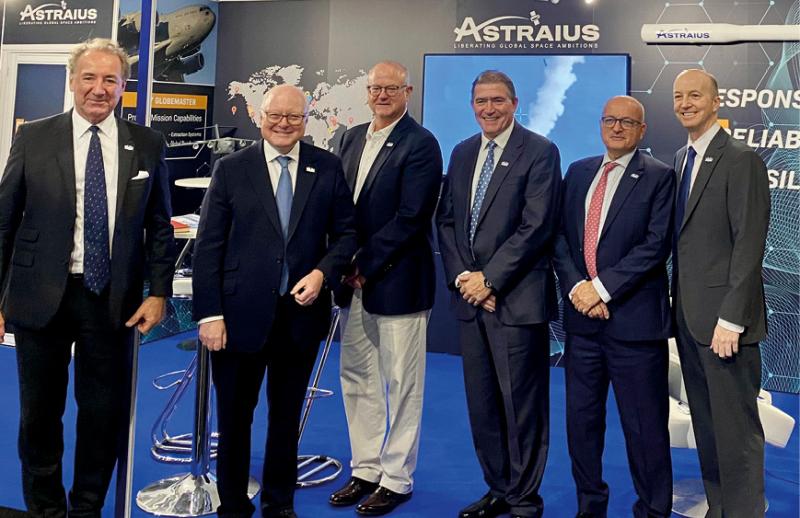 Astraius team on their stand in the space zone at the Farnborough International Airshow in July.