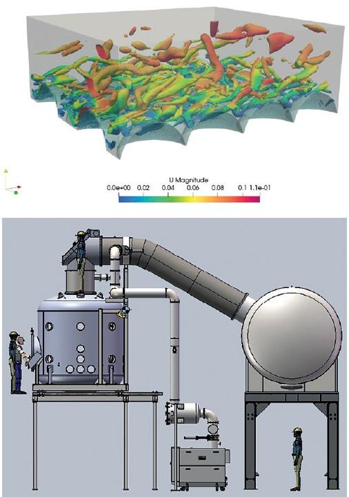 Figure 7. Top: Examples of OpenFOAM and OpenSeesPy Simulation; above: CAD model of dirty vacuum chamber facility.