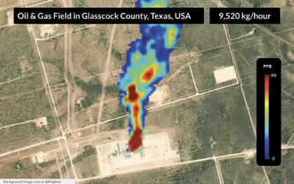 Methane emission from a gas processing plant in Texas, USA.