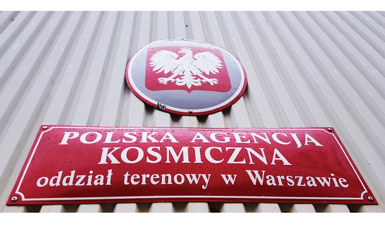 A sign announcing the presence of Polish Space Agency facilities.