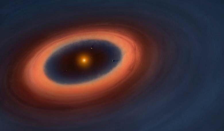 Artistic illustration of the Sz 91 system. The blue color represents the gas in the disc, which extends far beyond the dust ring and is also detected inside the ring.