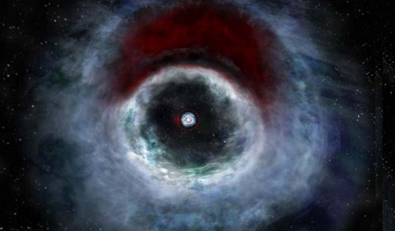 Artist impression of the HD 142527 binary star system based on data from the Atacama Large Millimeter/submillimeter Array (ALMA). The rendition shows a distinctive arc of dust (red) embedded in the protoplanetary disk.