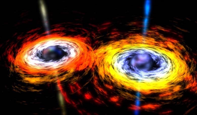 As two super-massive black holes spiral around each other and eventually merge, they create gravitational waves.