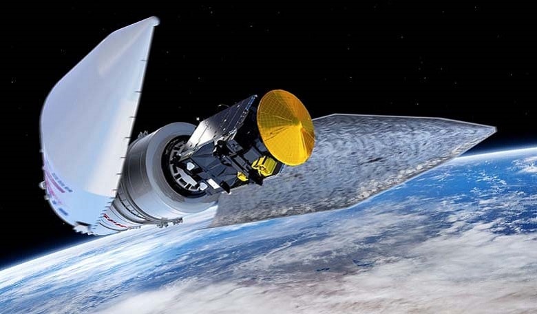 Artist’s concept of the Proton rocket’s payload fairing releasing in flight, revealing the ExoMars spacecraft.