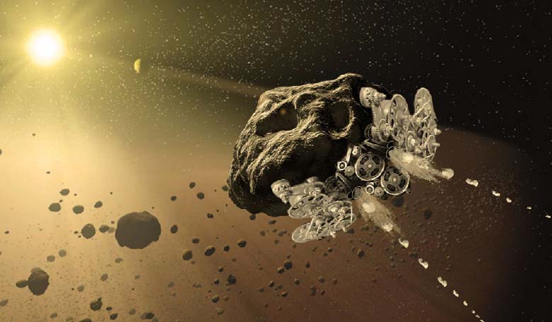 An artists impression of one of the projects to convert entire asteroids into enormous autonomous mechanical spacecraft, accepted for the NASA Innovative Advanced Concepts (NIAC) program. Image Credit: NASA