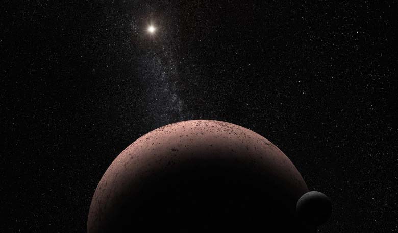 This artist's concept shows the distant dwarf planet Makemake and its newly discovered moon, nicknamed MK 2. Image credit: NASA, ESA, and A. Parker (Southwest Research Institute)