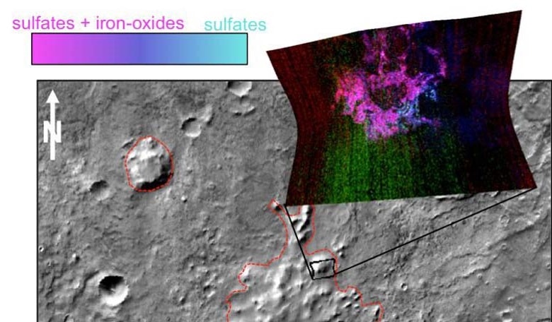 Minerals identified on Mars's surface indicating where a volcano has erupted beneath an ice sheet (sulphates are blue and iron oxides are pink). Image credit: NASA/JPL-Caltech/JHUAPL/ASU 