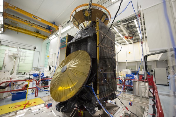 ESA's ExoMars Trace Gas Orbiter (TGO) and Schiaparelli, also known as the ExoMars Entry, descent and landing Demonstrator Module, are seen here during vibration testing at Thales Alenia Space in Cannes, France.