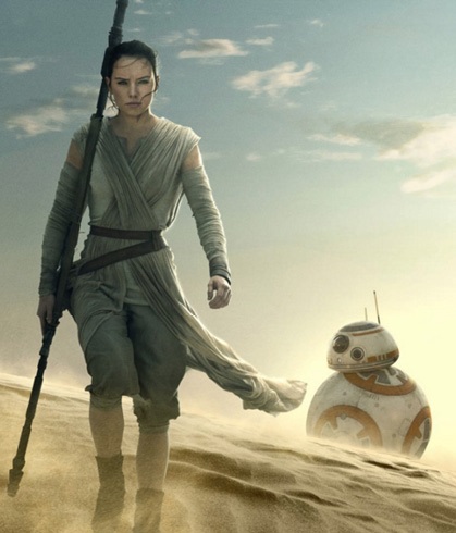 Rey and BB-8 droid in Star Wars: The Force Awakens